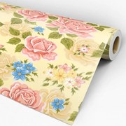 Papel de Parede Floral Rosa Azul e Amarelo 0.52m x 3.00m