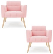 Kit 2 Poltronas Elisa Suede Pés Palito Natural - D'Rossi - Rosa Bebê