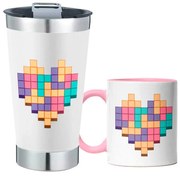 Kit Copo Térmico Com Abridor e Caneca Coração Pixel