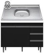 Balcão Gabinete com Pia Inox 120cm 2 Portas 3 Gavetas Andréia Preto To