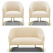 Namoradeira e 2 Poltronas Base Industrial Dourado Stella Suede Bege D03 - D'Rossi