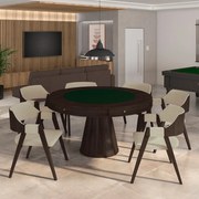 Conjunto Mesa de Jogos Carteado Bellagio Tampo Reversível Verde e 6 Cadeiras Madeira Poker Base Cone Linho OffWhite/Capuccino G42 - Gran Belo