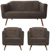 Kit Namoradeira + 2 Poltronas Bruna Pé Palito Suede Marrom