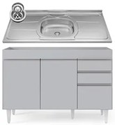 Balcão de Cozinha com Pia Inox 120cm 3 Portas Michigan Cinza Claro - L