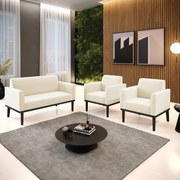 Conjunto 2 Poltronas e 1 Namoradeira Decorativa Isabella Pés Fixo em Madeira Preto Veludo Bege G19 - Gran Belo