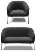 Sofá Namoradeira e Poltrona Pé de Ferro Dourado Stella Suede D03 - D'Rossi - Preto