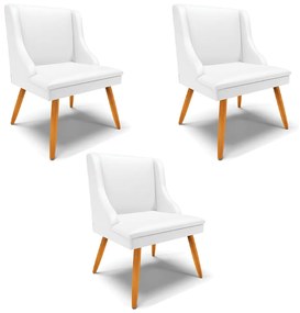 Kit 3 Cadeiras Decorativas Sala de Jantar Pés Palito de Madeira Firenze PU Branco Fosco/Natural G19 - Gran Belo