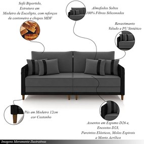 Sofá Living Montecarlo 2 Lugares Bipartido 192cm Pés em Madeira Veludo/PU Grafite/Preto G33 - Gran Belo