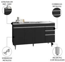 Balcão de Cozinha Com Pia Inox 160cm 3 Gavetas Andréia Preto - AJL Móv