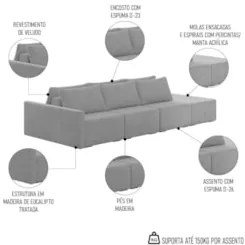 Sofá Ilha Modular com Puff para Sala Living 342cm Georgia Z08 Veludo C