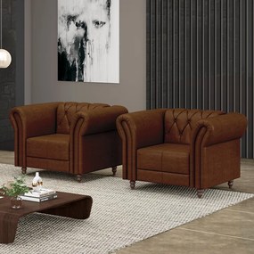 Kit 2 Poltronas Decorativas Sala de Estar Stanford Chesterfield Pés de Madeira Couro Marrom Manchado G58 - Gran Belo