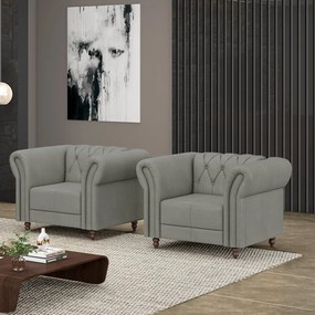 Kit 2 Poltronas Decorativas Sala de Estar Stanford Chesterfield Pés de Madeira Couro Cinza G58 - Gran Belo