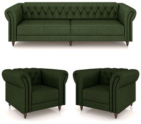 Conjunto Sala de Estar 1 Sofá Living 260cm e 2 Poltronas Stanford Chesterfield Pés Madeira Couro Verde Manchado G58 - Gran Belo