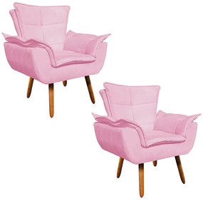 Poltrona Sala de Estar Pé Palito de Madeira Kit 2 Opala Suede Rosa Bebê D03 - D'Rossi