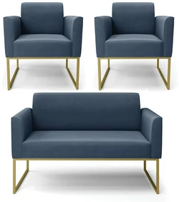 Sofá Namoradeira com 2 Poltronas Base Industrial Dourado Marisa Suede D03 - D'Rossi - Azul Marinho