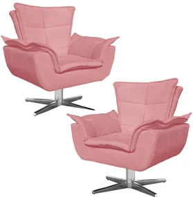 Kit 2 Poltronas Decorativas Base Giratória Cromada Charger Suede Rosê G19 - Gran Belo
