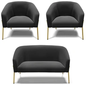 Namoradeira e 2 Poltronas Pé de Ferro Dourado Stella Suede Preto D03 - D'Rossi