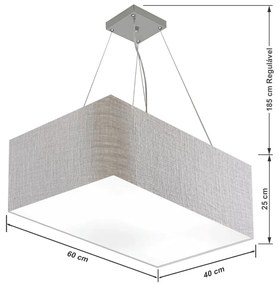 Lustre Pendente Retangular Md-4372 Cúpula em Tecido 60x40cm Rustico Cinza