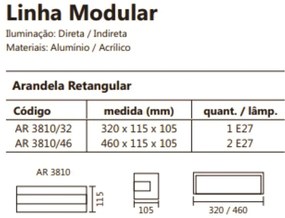 Arandela Modular Retangular 46X11,5X10,5Cm 02Xe27 Metal E Acrílico | U... (DR-M Dourado Metálico)