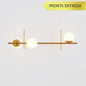 Pendente Marble Retângular 80X26Cm Alumínio E Globo Ø12Cm Fosco 3Xg9 -... (DOURADO BRILHO, FOSCO)