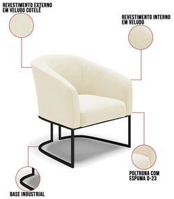 Poltrona Decorativa Industrial Preto Kit 2 Stella Cotelê Ext/Veludo D03 - D'Rossi - Off White