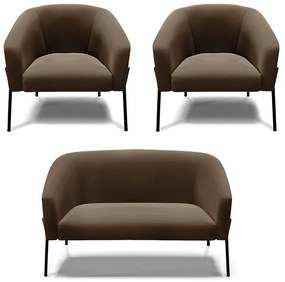 Namoradeira e 2 Poltronas Pé de Ferro Preto Stella Suede Marrom D03 - D'Rossi