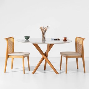 Conjunto Mesa de Jantar Thai Redonda Off White com 2 Cadeiras Malai Palha Natural Linne Cru - 1,20m