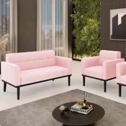 Sofá Namoradeira e 1 Poltrona Base Madeira Preto Ana Suede Rosa Bebê -