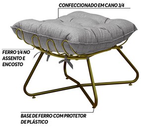 Puff Decorativo Sala de Estar Caim Base de Ferro Dourado Linho Cinza Claro G41 - Gran Belo