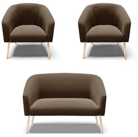 Namoradeira e 2 Poltronas Pé Palito Natural Stella Suede Marrom D03 - D'Rossi