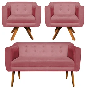 Kit 01 Namoradeira 02 Lugares e 02 Poltronas Giratória Julia Suede Rose Base Madeira MM30 D'Rossi