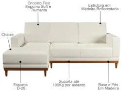 Sofá Living 200cm 3 Lugares Com Chaise Esquerdo Kayrós D05 Linho Cru -