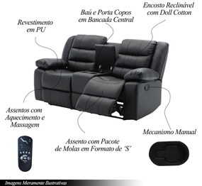 Poltrona Reclinável Manual de Cinema Hollywood 2 Lugares Baú/Massagem/Aquecimento PU Preto G31 - Gran Belo