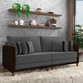 Sofá Living Montecarlo 2 Lugares Bipartido 172cm Pés em Madeira Veludo/PU Grafite/Marrom G33 - Gran Belo