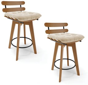 Kit 02 Banquetas Giratória Costela Suede Bege Base Madeira MA70 - DRossi