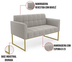 Namoradeira e 2 Poltronas Industrial Dourado Elisa Bouclê Cinza D03 - D'Rossi