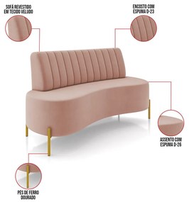 Sofá 2 Lugares Living 135cm Pé Ferro Dourado Maraú Veludo K01 - D'Rossi - Rose