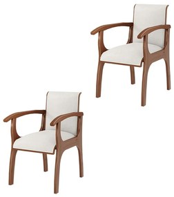Kit 2 Cadeiras Decorativa Sala de Jantar Madeira Maciça Pedri com Braço Linho Off White/Imbuia G42 - Gran Belo