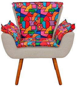 Poltrona Opala Romero Britto D15 e Suede Bege Pés Palito Castanho D'Rossi