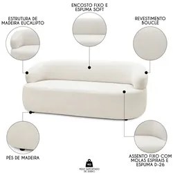 Sofá 3 Lugares Living Orgânico Sala de Estar 170cm Conka F05 Bouclê Of