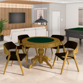 Conjunto Mesa de Jogos Carteado Bellagio Tampo Reversível e 4 Cadeiras Madeira Poker Base Estrela Veludo Marrom/Mel G42 - Gran Belo