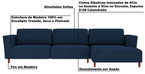 Sofá 350cm com Chaise Direita Franz Suede Azul G52 - Gran Belo