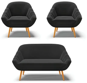 Kit 01 Namoradeira 02 Lugares e 02 Poltronas Giovana Suede Pés Palito Castanho - D'Rossi - Preto