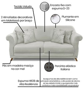 Sofá 3 Lugares Pé de Madeira Julieta 200 cm Veludo Prata S04 - D'Rossi