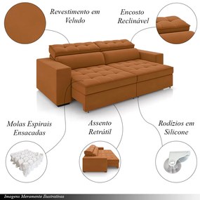 Sofá Decorativo Hugo 2 Lugares 300cm Reclinável e Retrátil Veludo Terracota G45 - Gran Belo