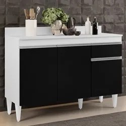 Balcão Gabinete 120cm Com Tampo 3 Portas 1 Gaveta Arizona Branco/Preto