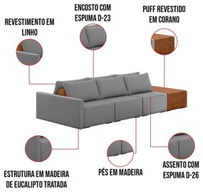 Sofá Ilha 3 Lugares Living 342cm Modulado para Sala Lary Linho K01 - D'Rossi - Grafite