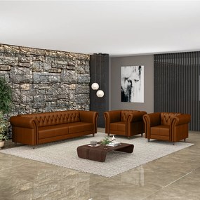 Conjunto Sala de Estar 1 Sofá Living 200cm e 2 Poltronas Stanford Chesterfield Pés Madeira Couro Caramelo G58 - Gran Belo