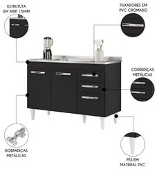 Balcão Gabinete com Pia Inox 120cm 3 Portas 2 Gavetas Suécia Preto - L