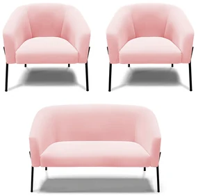 Namoradeira e 2 Poltronas Pé de Ferro Preto Stella Suede Rosa Bebê D03 - D'Rossi